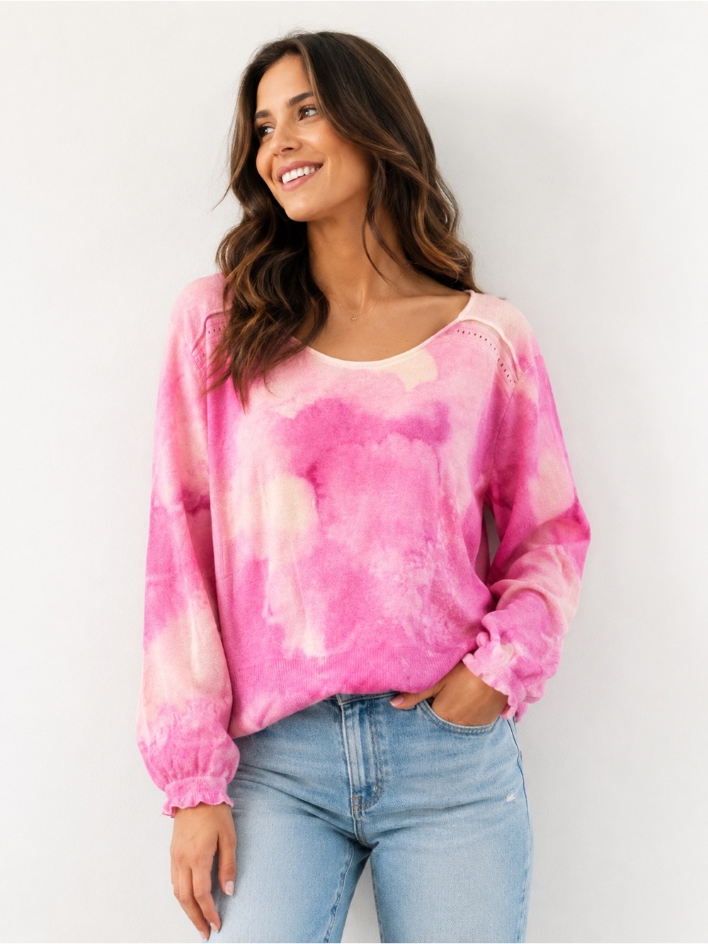Anthropologie 100% cashmere Pink Tie-Dye Scoop Neck Sweater M